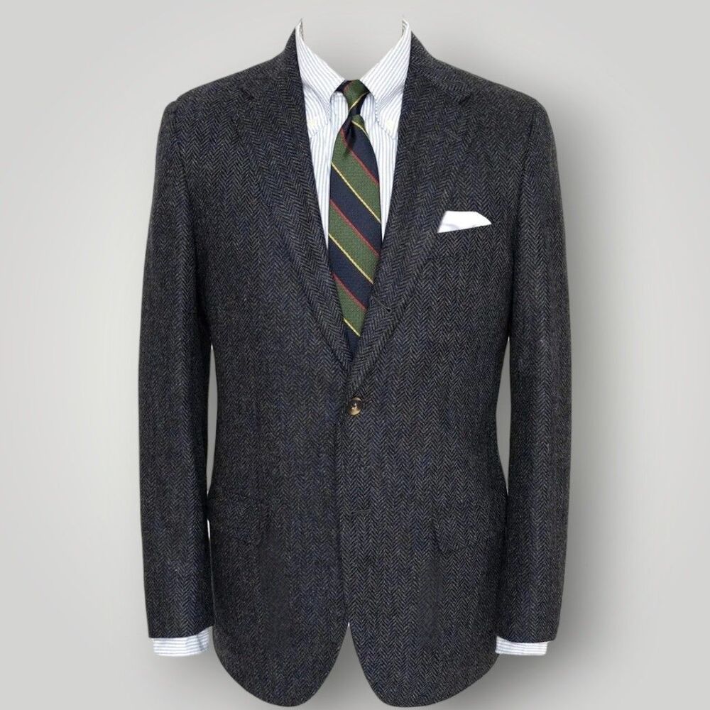 LANDS END Vintage Mans Blazer Sport Coat 3 Button Jacket 46R TWEED WOOL Navy